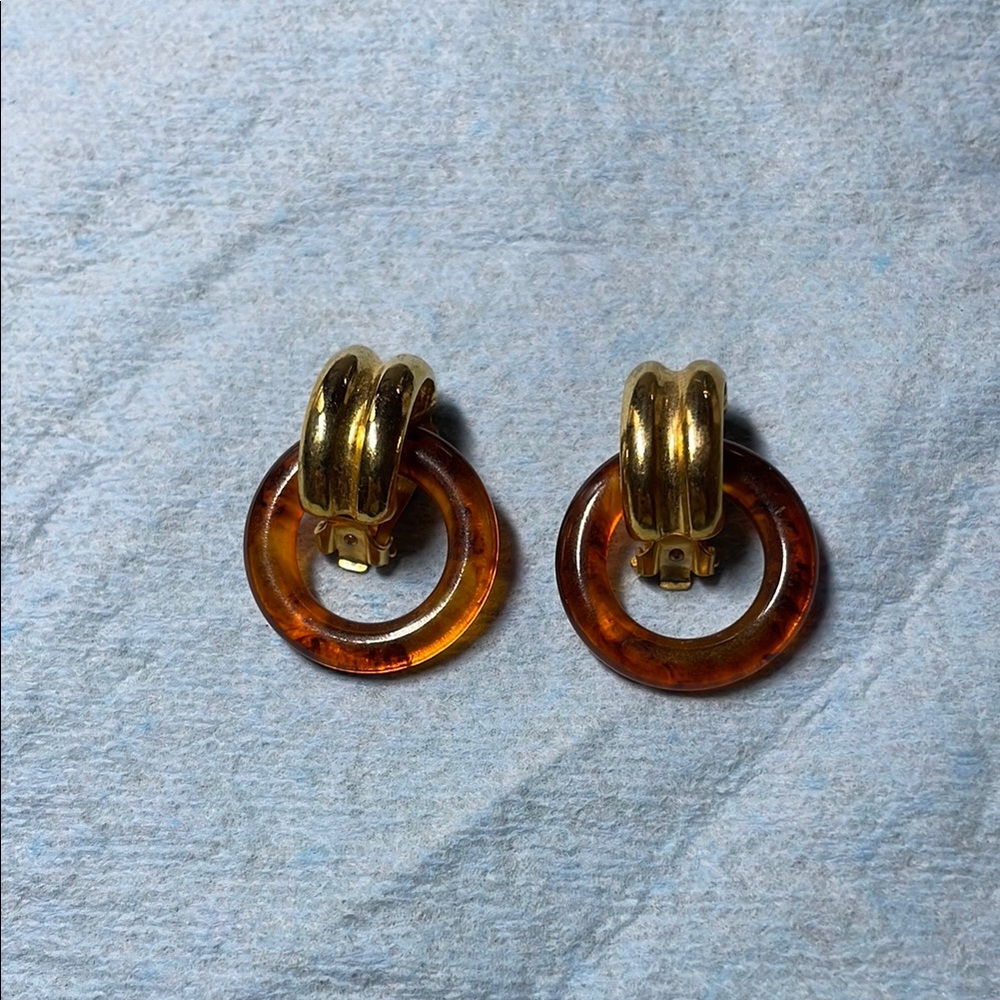 Vintage YSL Gold plated and Brown Lucite Hoop clip-on Earrings